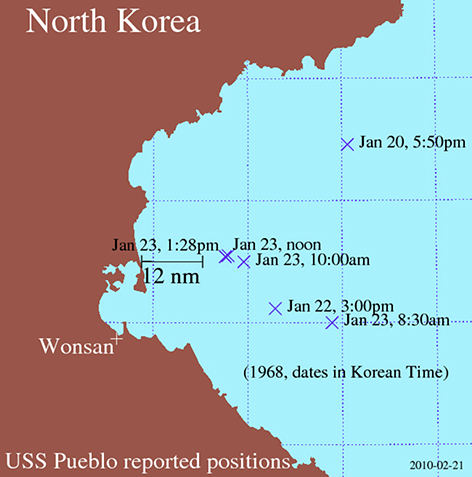 アメリカ海軍の報告によるプエブロ号の位置